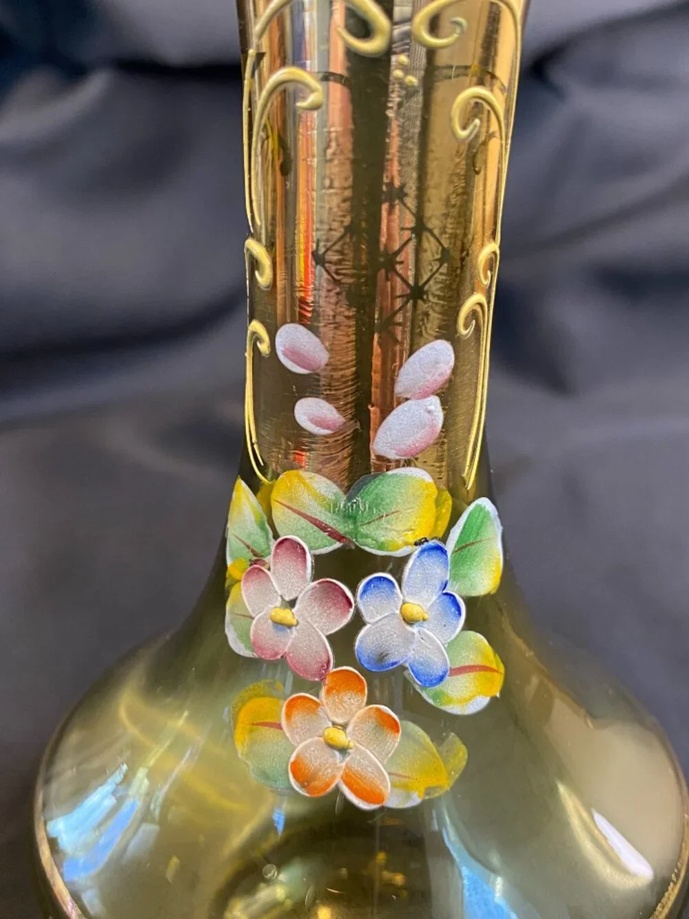 Vintage Hand Painted Amber Blown Glass Bohemian Cottage Core Bud Vase